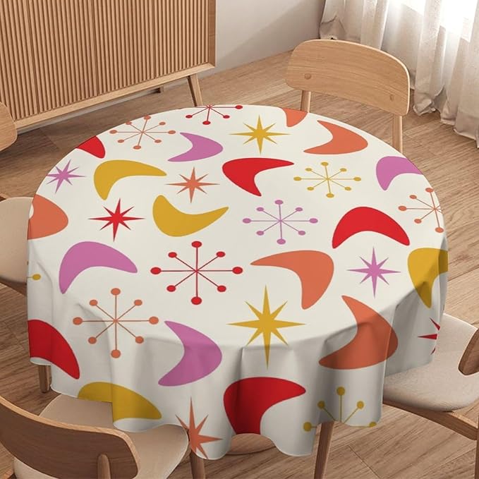 Mid Century Modern Round Tablecloth, Vintage Abstract Colorful Geometrics Modern Art Tablecloth for Home Party Dining Room Kitchen Decor 60Inch(152cm)