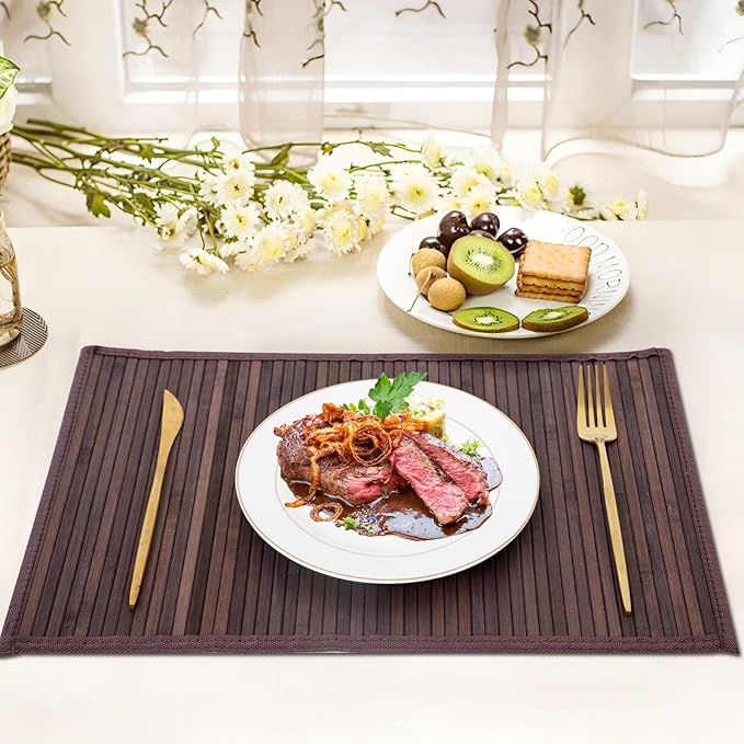 Bamboo Placemats with Fabric Border Set of 4 Natural Bamboo Rectangular Rolling Table Mats for Dining Kitchen Table Heat Resistant Table Protection Dark Brown