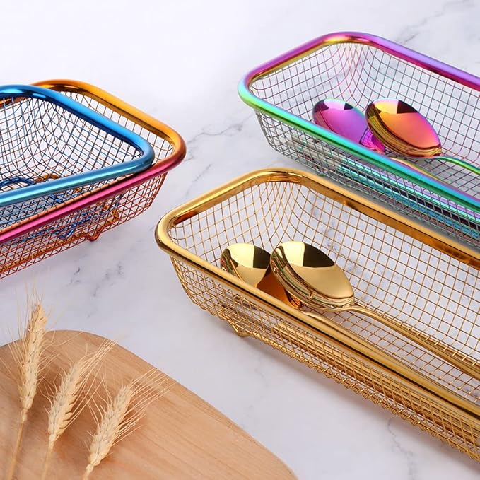 Kitchen Drawer Organizer, Stainless Steel Storage Container Metal Cabinet Storage Basket for Holding Silverware Kitchen Utensil, Pack of 2, Blue