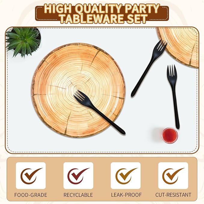 Tioncy 150 Pieces Wood Grain Paper Plates 7" 9" Rustic Wood Slice Plate Farmhouse Round Disposable Dinner Dish for Woodland Baby Shower Lumberjack Birthday Party Supplies