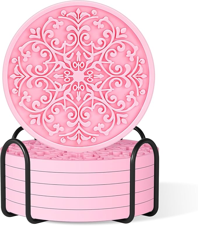 Drink Coasters, Coasters Set of 6 for Cup with Holder, Non-Slip Silicone Cup Mats for Hot and Cold Drinks, Cute Absorbent Coffee Bar Accessories Table Decor, Pink