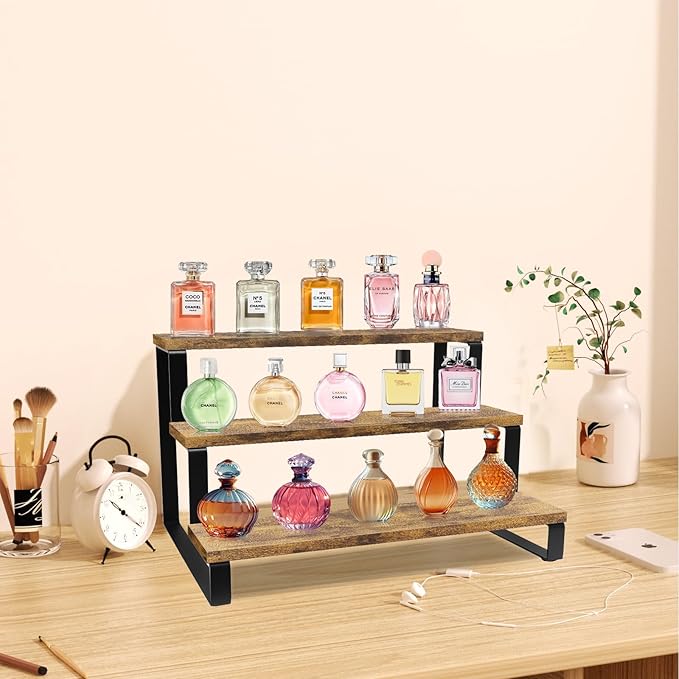ELITEROO Wooden Display Riser Stand, 3 Tier Display Risers, Tiered Cabinet Organizer, Widened Display Rack Shelf Kitchen Counter Shelf for Makeup Perfume Figure Dolls Collection Condiment Candles