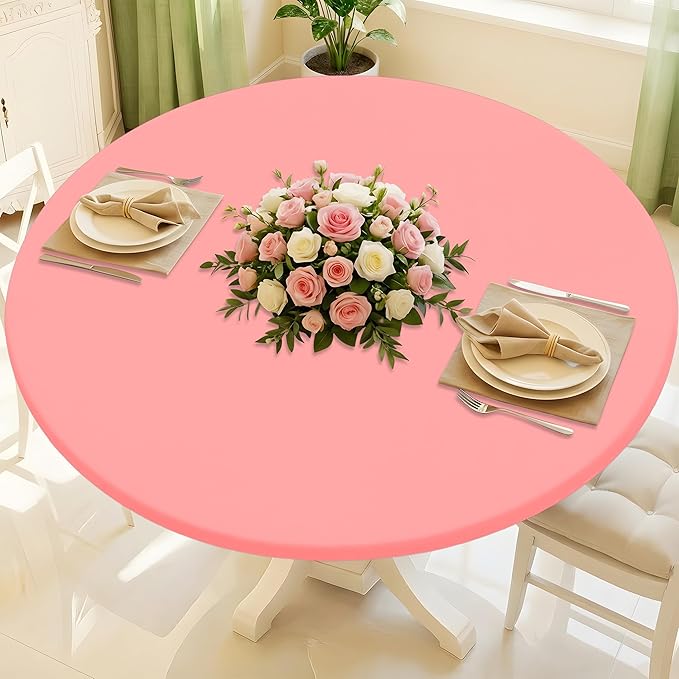 Round Spandex Tablecloth, Elastic Fitted Waterproof Tablecloths for 45"-56" Tables, Stretch Washable Picnic Table Cover for Camping, Dining, Indoor and Outdoor,Coral Red