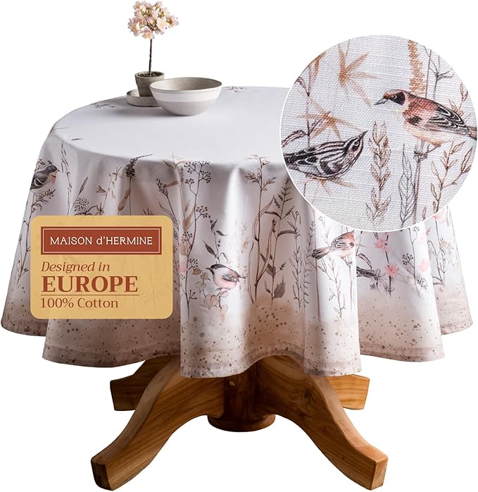 Maison d' Hermine Table Cloth Round Table 100% Cotton 69 Round Inches Tablecloth Reusable Decorative for Dining Room Farmhouse Home Valentines Day Decorations Spring Summer - Meadow Florals - Brown