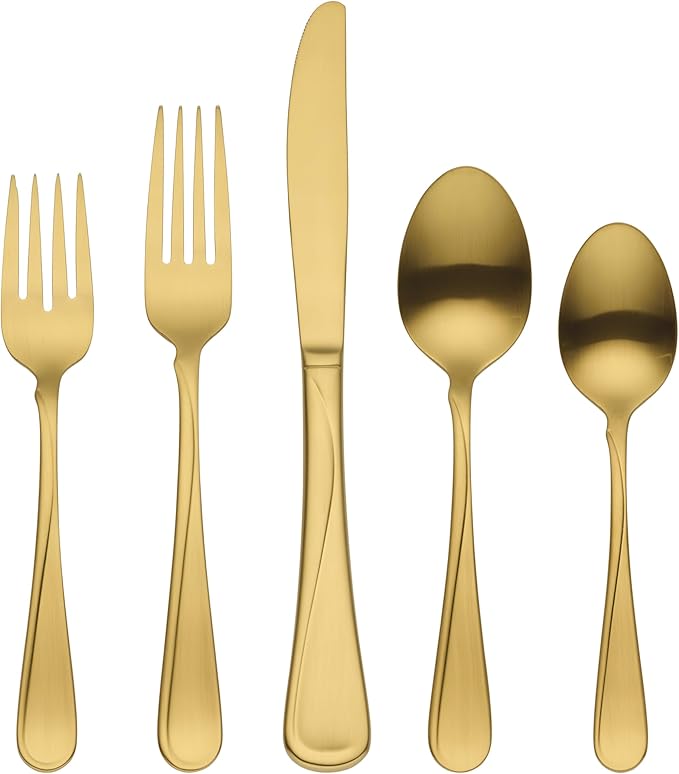 Oneida Gold Silverware Set, Flight Gold Satin 20 Piece Flatware Set, Service by Oneida