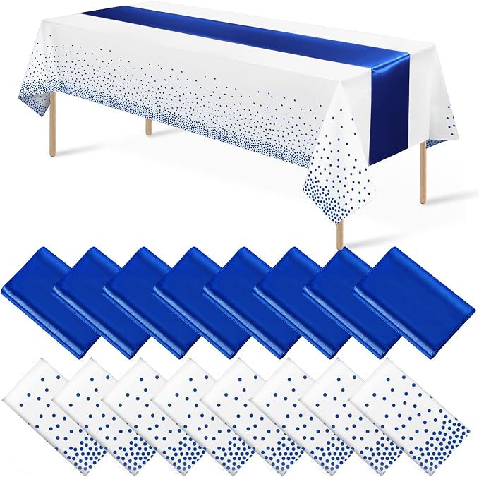 16Pack Disposable Plastic Tablecloths and Satin Table Runner Set White and Blue by MASHAN