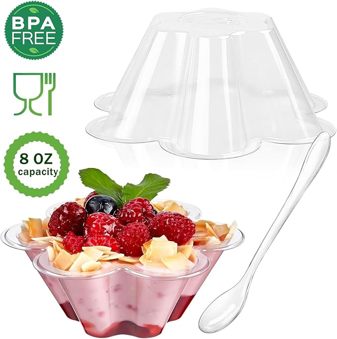 TOFLEN 8 oz Dessert Cups with Spoons, 50 Pack | Clear Plastic, Disposable - Image 3