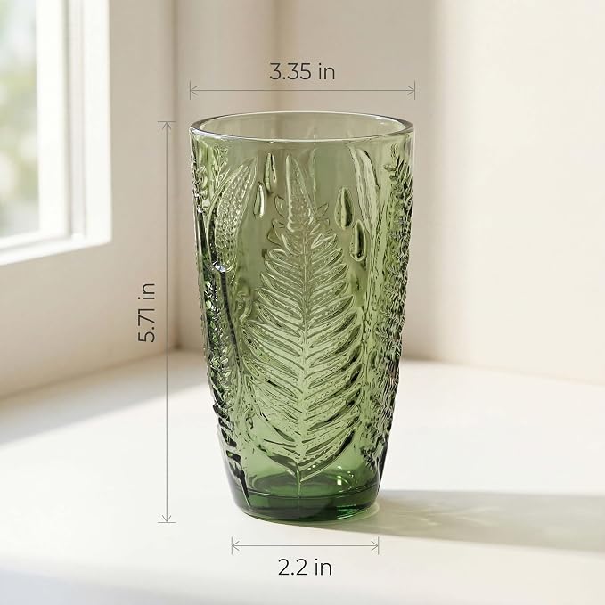 Green Drinking Glasses Set of 4, 16 oz Glass Cups, Vintage Fern Glassware | - Image 7