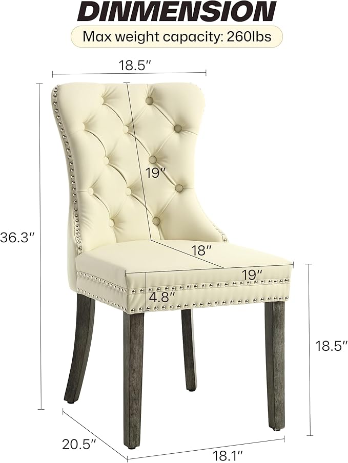 KCC Faux Leather Dining Chairs Set of 4, Upholstered High-end Tufted Dining Room Chair with Nailhead Back Ring Pull Trim Solid Wood Legs, Contemporary Nikki Collection Modern Style for Kitchen, Beige