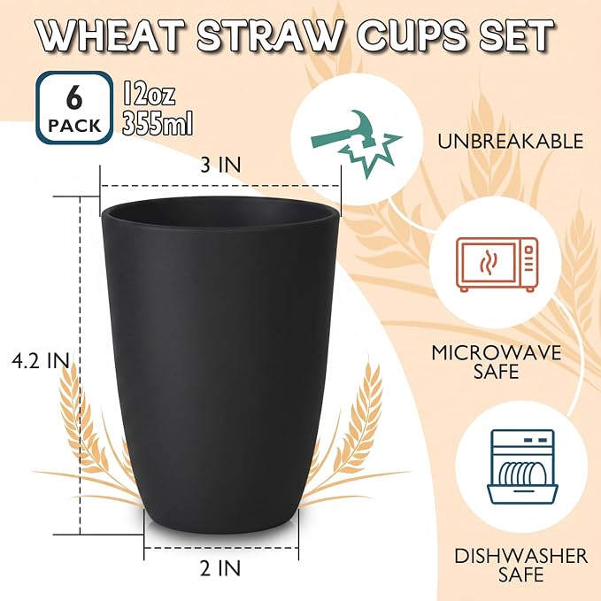 Wrova Wheat Straw Cups 6 PCS Good Alternative to Plastic Reusable Cups 12 oz - Image 2