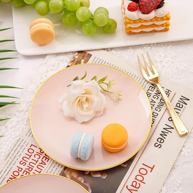 Festiva 400Pcs Pink Gold Dessert Plates 6.3" with Forks 5"- 200PCS Small Disposable Dessert/Cake/Appetizer Plates and 200PCS Forks - Serve 200 Guests for Birthday Party& Wedding &Valentine's Day