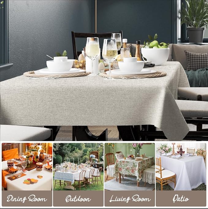Rectangular Tablecloth Linen Texture Waterproof and Stain-Resistant Table Cloth, Kitchen Dining Table Decoration, 60 x 104 inch Fabric Natural Color