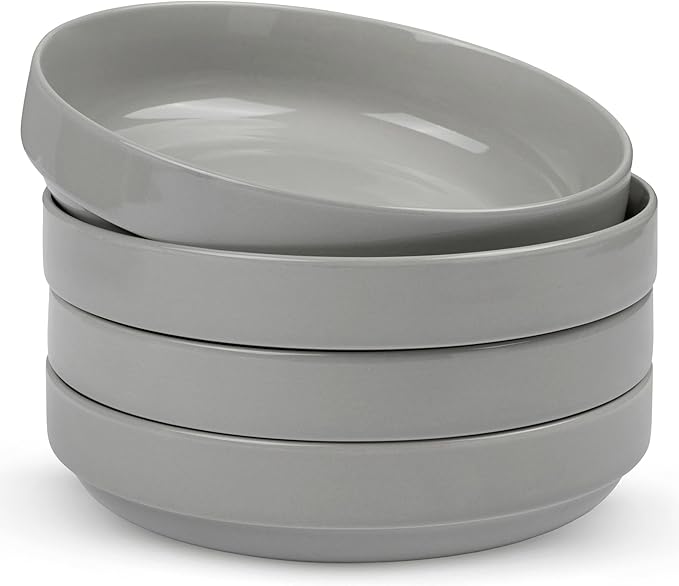 KooK Ceramic Large Pasta Bowls, Microwave and Dishwasher Safe, Great for Soups and Salads, Shallow Serving Bowls, Glossy Porcelain, 47 oz, Set of 4, Powder Grey
