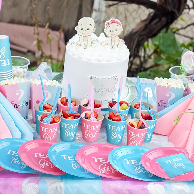 200 Pieces Party Supplies Tableware Set Patterns Printed Plates Napkins Cups Table Decorations for Baby Shower Birthday Party (Gender Reveal Style)