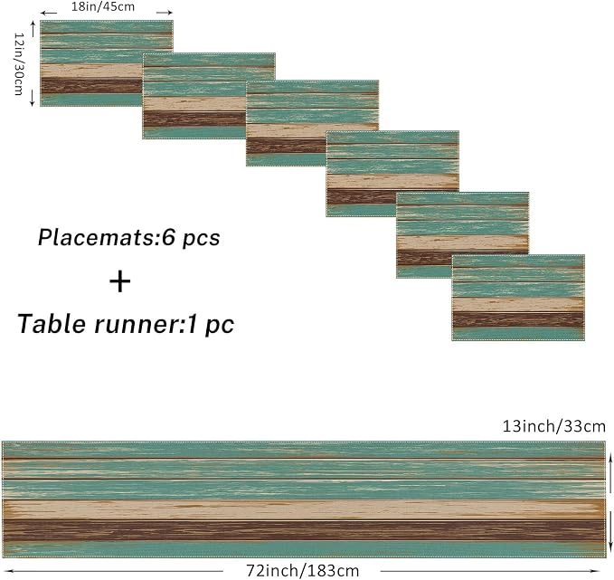 Table Runner and Placemats Set of 6, Farmhouse Teal | Blue Board Painting Art - Image 3