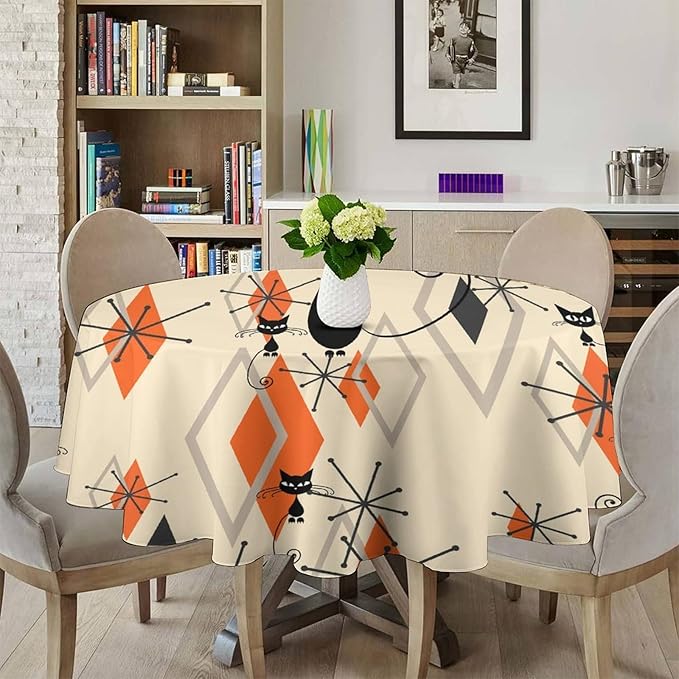 Retro Boho Modern Black Cat Round Tablecloth, Mid Century Boho Moon Abstract Geometric Leaf 50s 60s Style Tablecloth for Home Party Dining Room Kitchen Decor 50Inch(127cm)