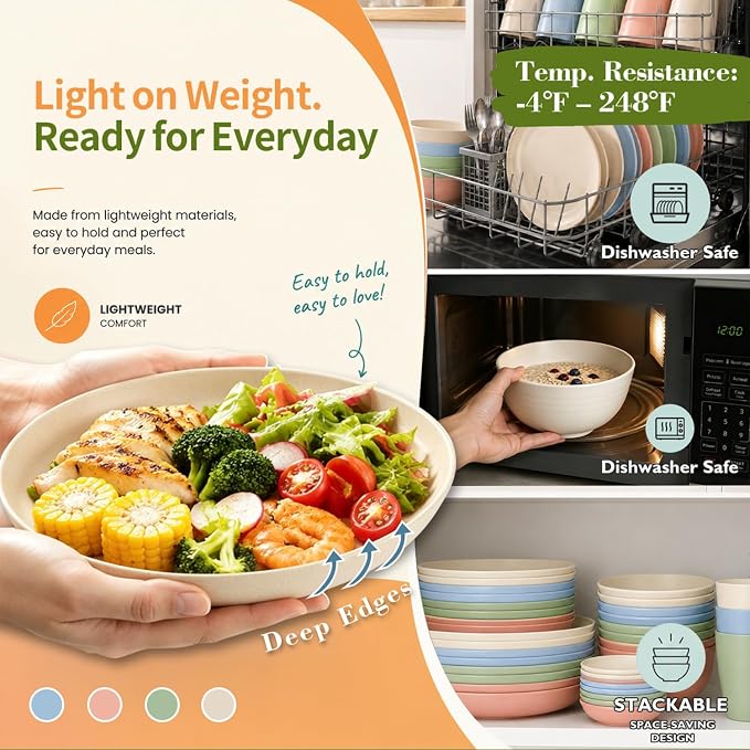 40PCS Dishes Set, Kids Plates and Bowls Set, Unbreakable Dinnerware Set | Wheat - Image 5