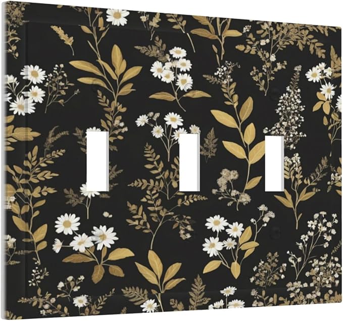 Light Switch Cover Black/Gold Boho Botanical Floral Rustic Flowers 3 Gang Wall Plate Triple Light Switch Plate Toggle Decorative Outlet Covers Electrical Switchplate for Bathroom Kitchen Decor