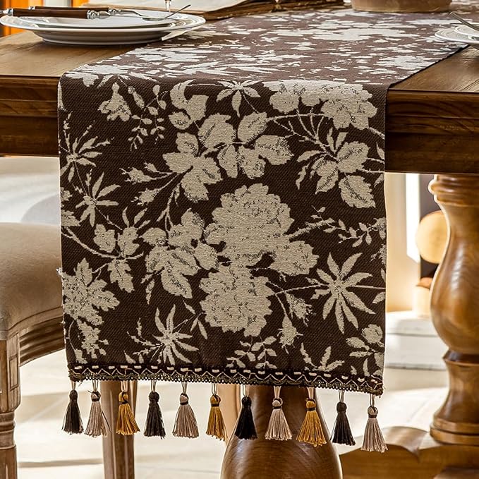 Floral Dark Brown Botanical Table Runner 13 x 48 Inch | Jacquard Flower - Image 2