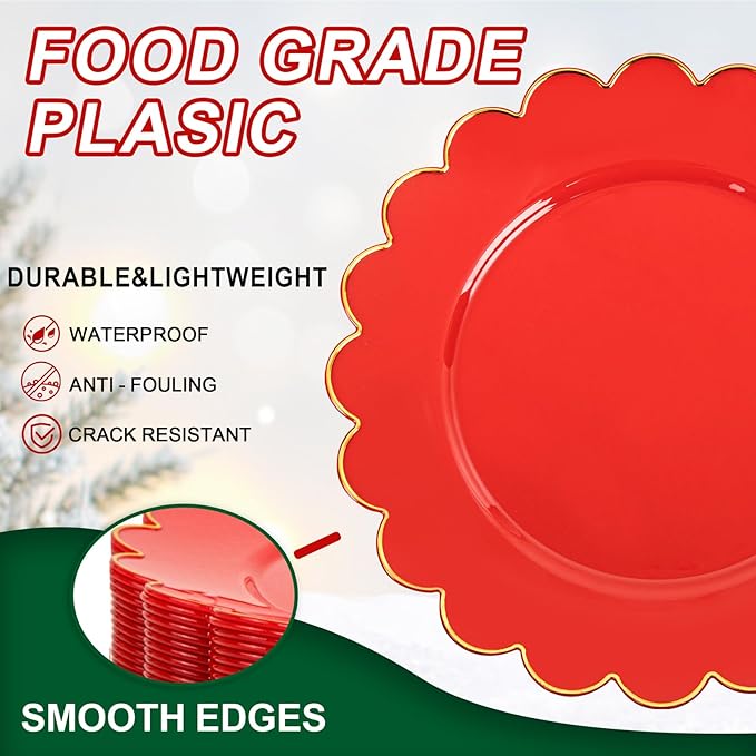 SUT 72 Pcs Red Plates Disposable, Red Plastic Plates With Gold Trim, 10.25 Inch red Dinner Plates, Fancy Plastic plates, plates Disposable Heavy Duty for Wedding, Parties