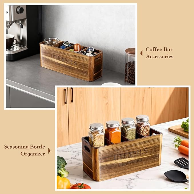 Utensil Holder for Kitchen Countertop, Extra Large Acacia Wood Organizer, 4-Compartment Storage for Cooking Tools, Farmhouse-Style Cutlery Holder