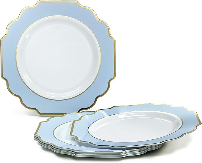 " OCCASIONS " 240 Plates Pack (120 Guests) Heavyweight Wedding Party Disposable Plastic Plates Set -120 x 10.5'' Dinner + 120 x 8'' Salad/Dessert Plate (Imperial in White/Blue & Gold)