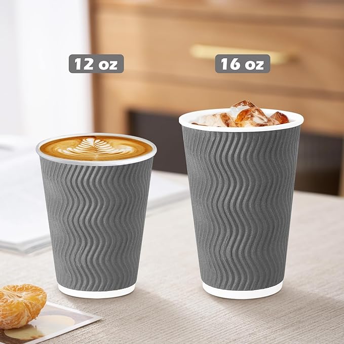 500 Pack 16 oz Disposable Coffee Cups No Lids, Insulated Ripple Wall Paper Coffee Cups 16oz for Hot Chocolate Tea Home Travel Office (Grey)