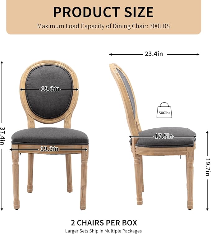 Vintage French Dining Chairs Set of 4, Round Back Accent Chairs with Linen Seat and Solid Wood Frame, Farmhouse Sillas de Comedor Upholstered for Dining Room & Kitchen, Gray