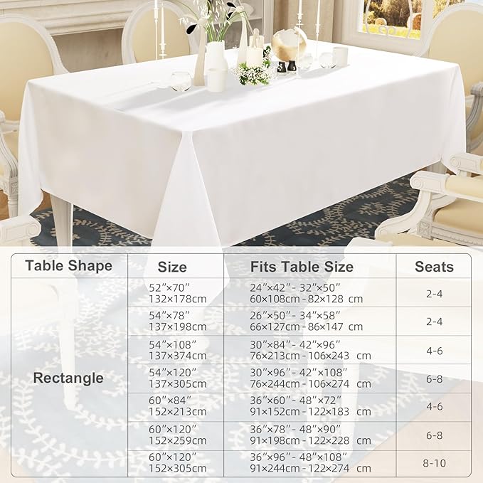 Smiry Rectangle Table Cloth, Waterproof Anti-Scratch Polyester Tablecloth, Decorative Washable Fabric Table Cover for Dining, Buffet, Parties and Outdoor, 54x108, White