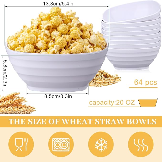 Gejoy 64 Pcs Unbreakable Cereal Reusable Wheat Straw Lightweight Bowls Microwave and Dishwasher Safe Soup Fiber Bowls for Kitchen Serving Salad Rice Snacks (White)