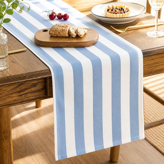 Folkulture Table Runner 108 Inches Long Blue & White Striped Cotton Coastal by FOLKULTURE