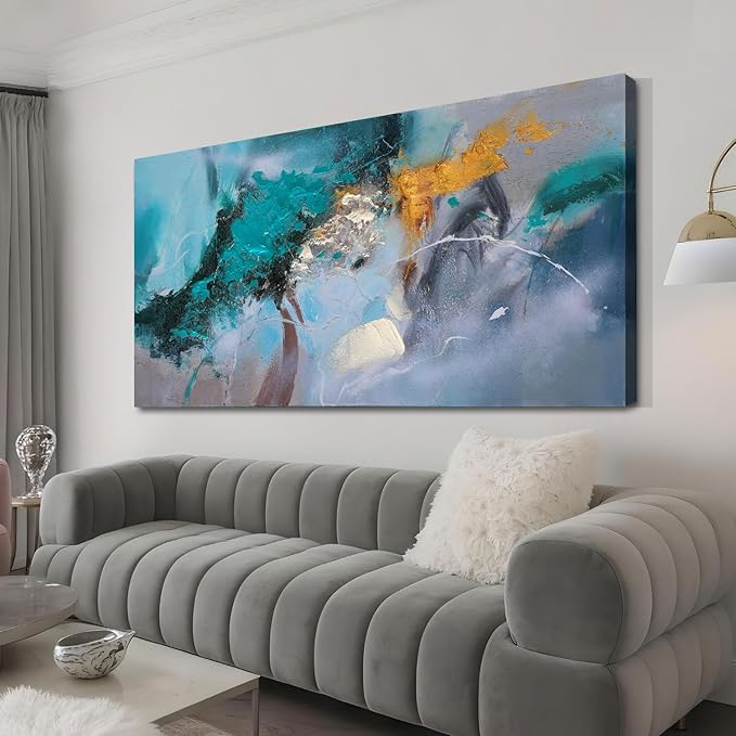 Anolyfi Teal Abstract Canvas Wall Art for Living Room, Modern Art Wall Decor Decorative Painting Large Artwork Picture Framed for Men Room Hallway Bedroom Kitchen Office Home Decor 40"x20"