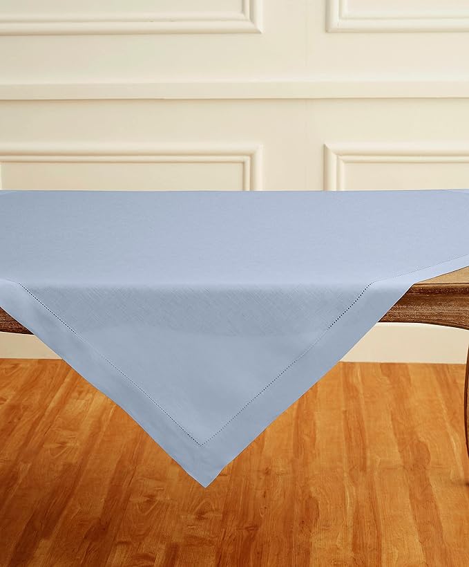 Solino Home Square Linen Tablecloth 52 x 52 Inch - 100% Pure Linen Sky Blue Table Throw - Classic Hemstitch, Machine Washable Table Cloth for Spring, Easter