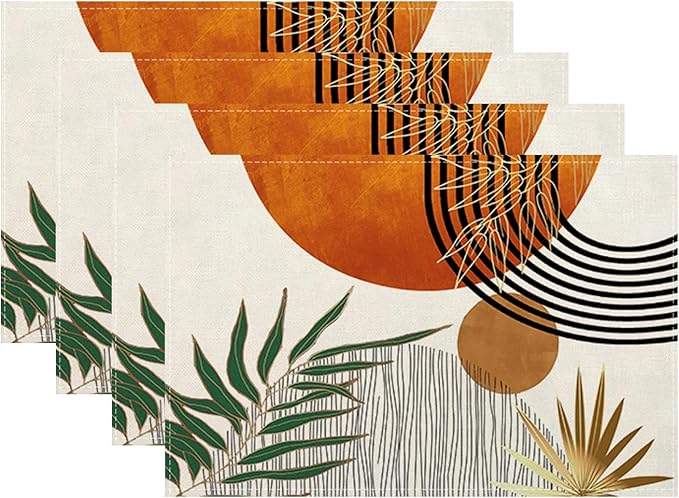 Mid Century Placemats 12x18 Inches Set of 4, Modern Boho Green Orange Tropical Leaf Decorative Rectangle Table Mats for Party, Home Kitchen,Dining Table Decoration