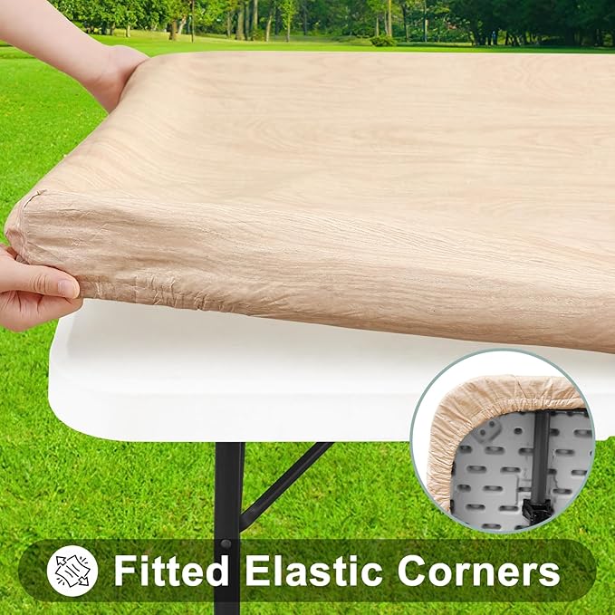 Smiry Rectangle Table Cloth Cover, Waterproof Elastic Fitted Picnic Tablecloth for 8 Foot Tables, Wipeable Flannel Backed Vinyl Tablecloths for Camping, Dining, Outdoor (Beige Wood, 30" x 96")