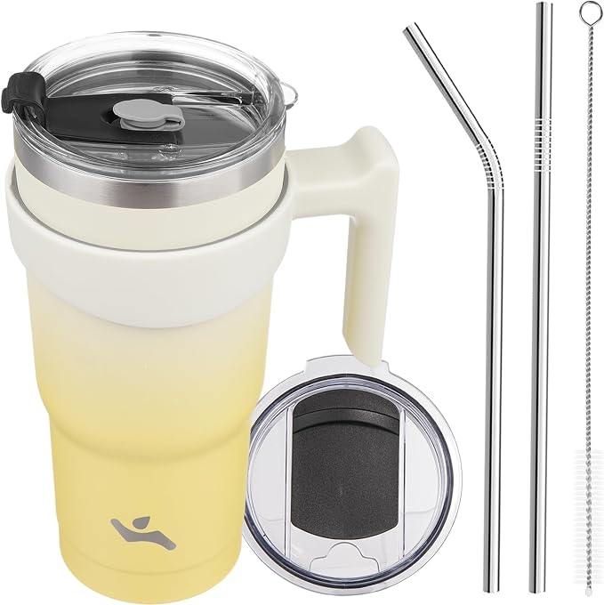 Konokyo 20 oz Tumbler with Handle and Straw, Insulated Travel Mug | Lemon; by Konokyo