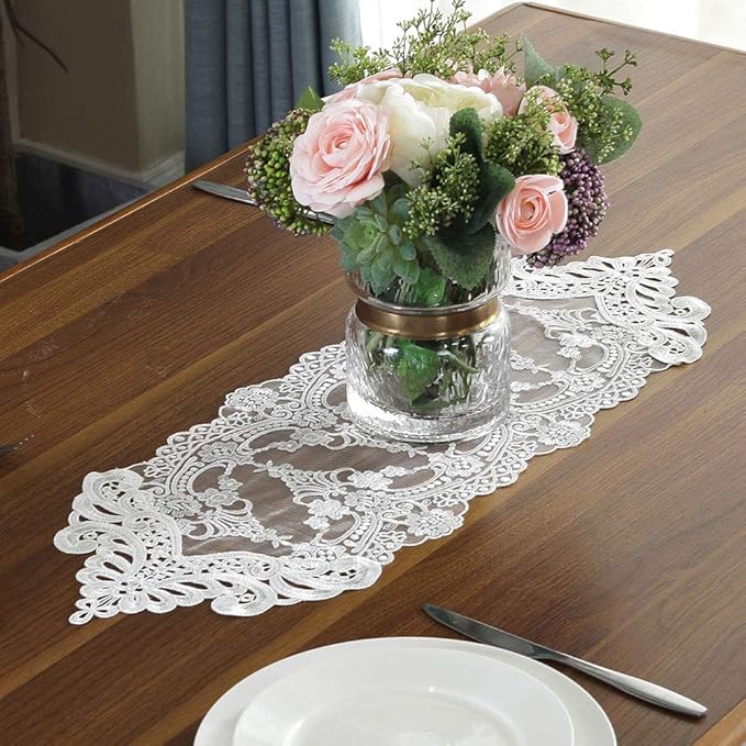 ARTABLE White Small Lace Table Runner Macrame Dresser Scarf 10 x 36 Inch | by ARTABLE
