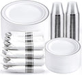 WELLIFE 350Pcs Silver Plastic Plates for 50 Guests - Disposable Dinnerware Set, Christmas Party Supplies Includes 100 Silver plates,150 Silverware,50 Napkins,50 Cups,Christmas Plates Disposable