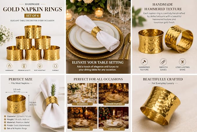 ITOS365 Gold Napkin Rings Set of 6, Handmade Hammered Metal Napkin Ring Holders - Image 3