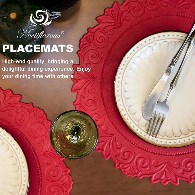 Noctiflorous Round Faux Leather 15 Inch Placemats Set of 4 Waterproof Wipeable Heat Resistant Tablemat for Dining Table Kitchen Non Slip Washable Oilproof Table Place Mat(Holly Red, 4)