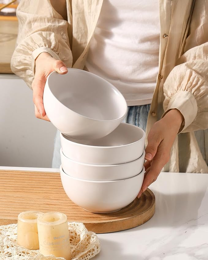 Cereal Bowls Set of 4, 24 oz Bowls for Kitchen, Ceramic Bowls for Salad, Fruit, Breakfast, Dessert, Stoneware Soup Bowls, Dishwasher & Microwave Safe, Matte White