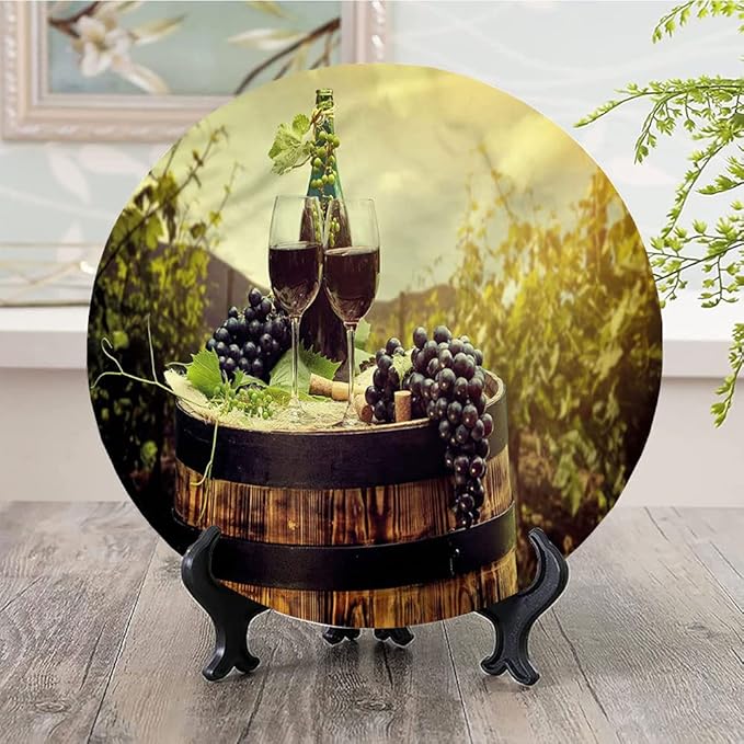 Ceramic Display Plate, Wine Ceramic Hanging Decorative Plate, Scenic Tuscany Vineyard, 7 Inch, Household Custom Ceramic Plate, Green Black Brown