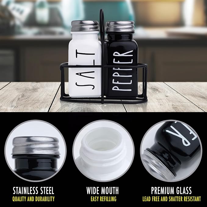 Farmhouse Salt and Pepper Shakers Set, a cute black and white premium glass shakers with stainless steel lids in a black metal holder, perfect for adding a vintage kitchen decor charm, great as a gift
