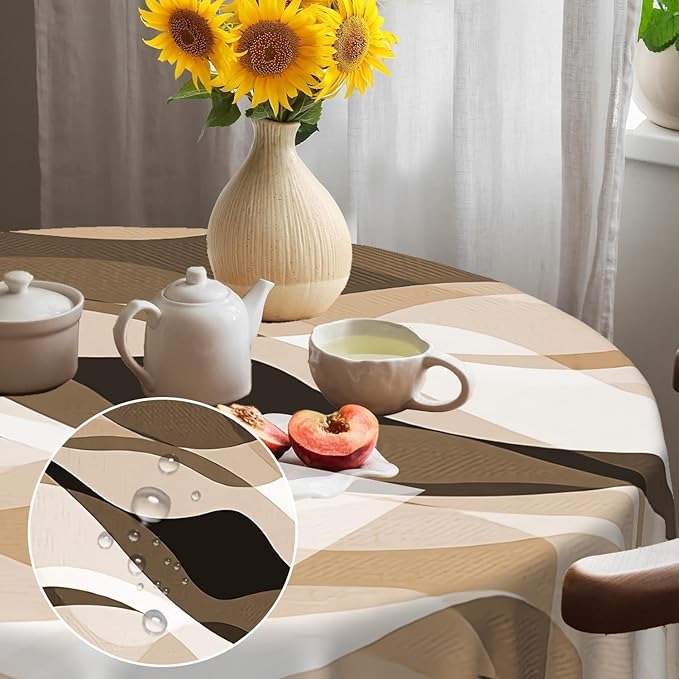 Laeacco 70 Inch Brown Modern Round Tablecloth Striped Geometric Abstract Art Print Table Cloth Washable Waterproof Wrinkle Free Table Cover for Kitchen Dining Picnic Party Decoration