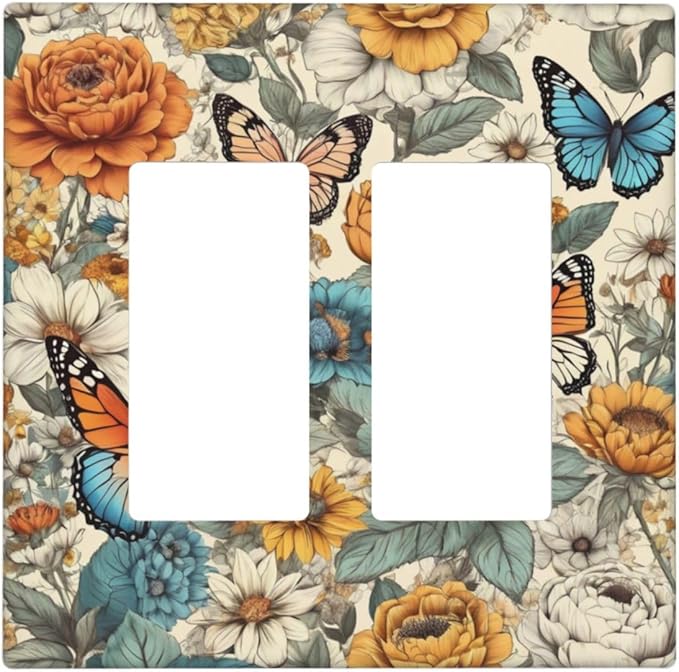 Outlet Covers Vintage Colorful Floral Butterfly Flowers 2 Gang Light Switch Cover Double Rocker Wall Plate Decorative GFCI Receptacle Electrical Switchplate for Bathroom Bedroom Decor（2 Pack）