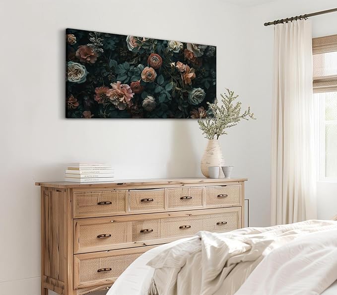 ADJUVANT Wall Art Floral 60"L x 30"W, Dark Hued Vintage Flowers With Lush Foliage Canvas Painting Elegant Blooms Artwork Retro Garden Prints Floral Wall Decor for Living Room Bedroom Study Home Office