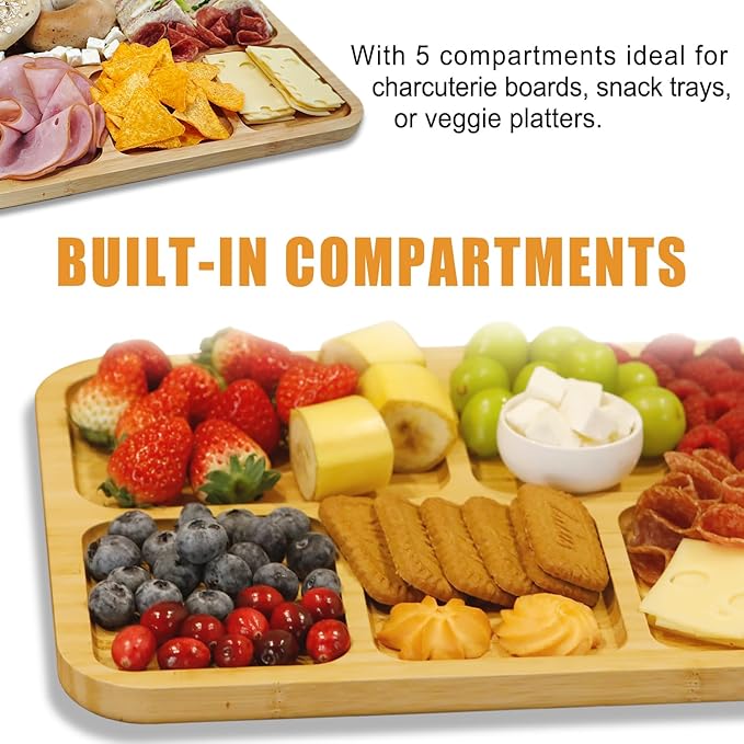 Portable Charcuterie Board with Locking Lid | 5-Compartment Bamboo Cheese Board & Serving Tray | Essential for Travel & Picnics | Ideal Housewarming Gift for New Home, Wedding