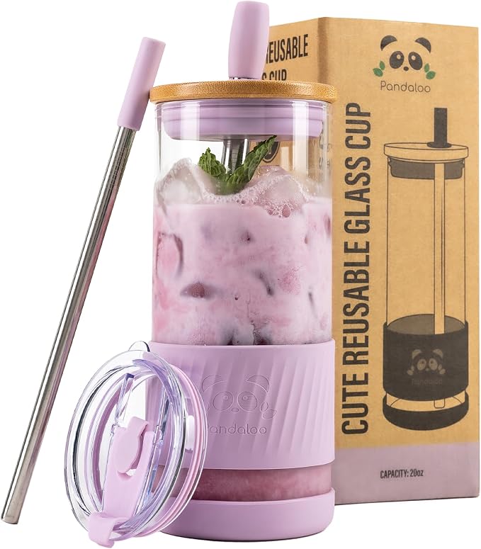 Pandaloo® Glass Cups With Lids and Straws -20 Fl Oz- Perfect Size Iced Coffee by Pandaloo