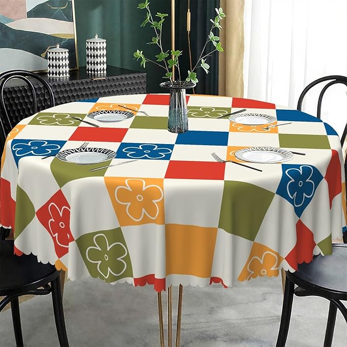 Laeacco 36 Inch Plaid Round Tablecloth Colorful Buffalo Plaid Flower Modern Geometric Abstract Art Print Table Cloth Washable Waterproof Wrinkle Free Table Cover for Kitchen Dining Picnic Party Decor