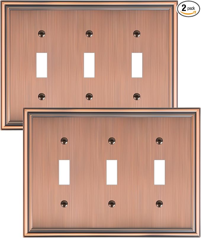 2-Pack Triple Toggle Light Switch Cover Plate, Durable Solid Zinc Alloy Decorative Switch Plate Covers, Antique Copper 3 Gang Wall Plate, Corrosion Resistant
